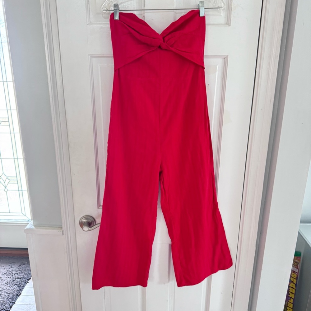 Sadie & Sage Tomato Red‎ Strapless Jumpsuit Wide Leg Bow Front Smocked Small